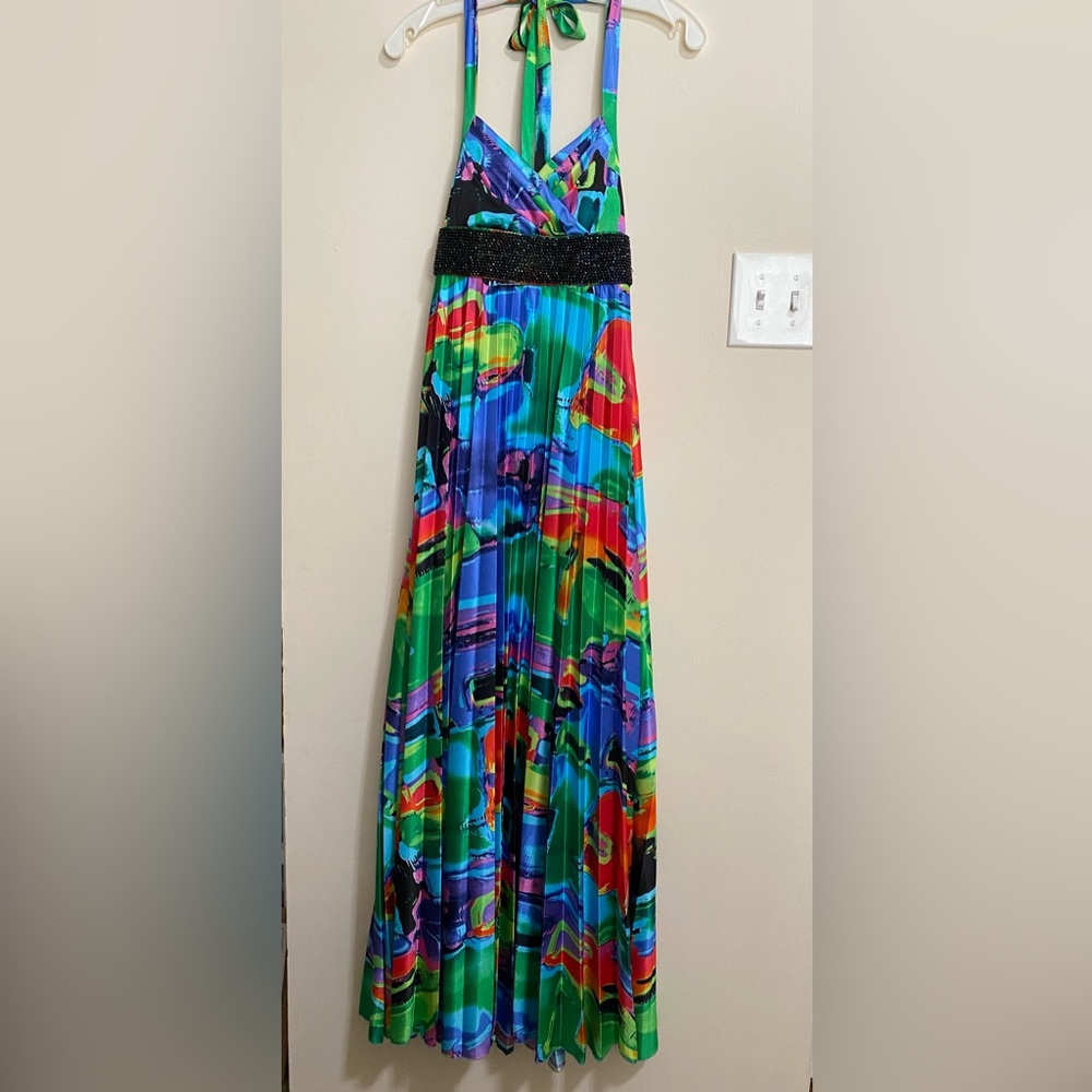 My Michelle Halter Pleated Satin Maxi Dress Size S Beads Colorful Artsy Abstract